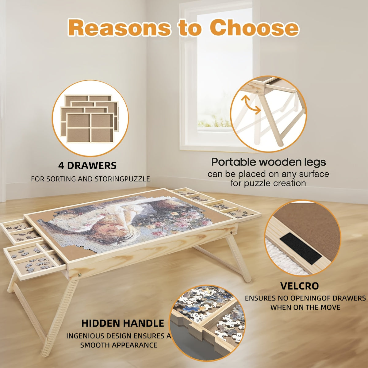 Wooden Jigsaw Puzzle Table with Folding Legs - 4 Drawers & 16 Sorting Grids, Portable Puzzle Board for 1000 Piece Puzzles, Natural Wood Storage & Organization Tray for Adults & Kids, Home & School