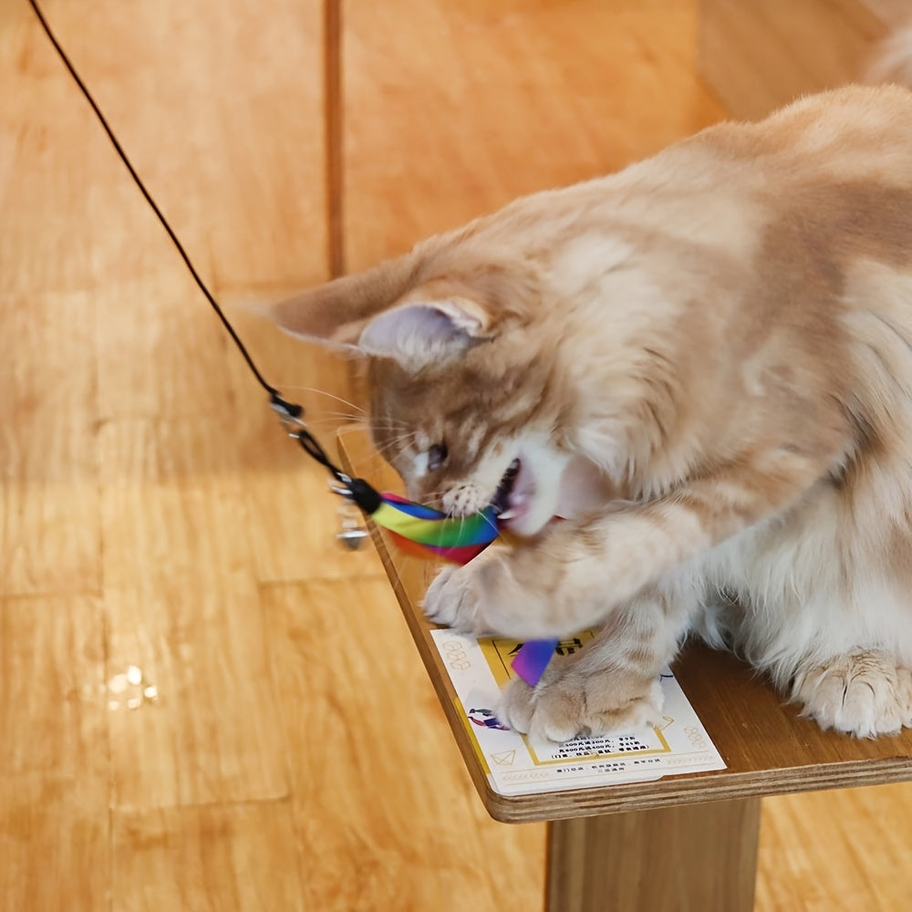 Interactive Cat Teaser Wand Toy Set 8pcs – Retractable Wand with 5 Fuzzy Worm Refills & 2 Ribbon Refills, Detachable Bell, No Battery Needed, Suitable for All Cats & Kittens