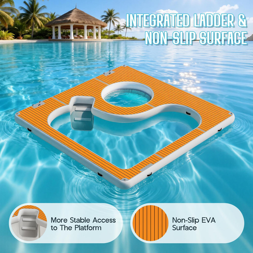 LUXOAK Inflatable Sea Pool Floating Dock 13x13FT with Dual Depth Design, 0.7mm PVC Safety Mesh Net & EVA Non-Slip Surface, Modular Ocean Party Platform for Water Recreation, Family Beach Fun