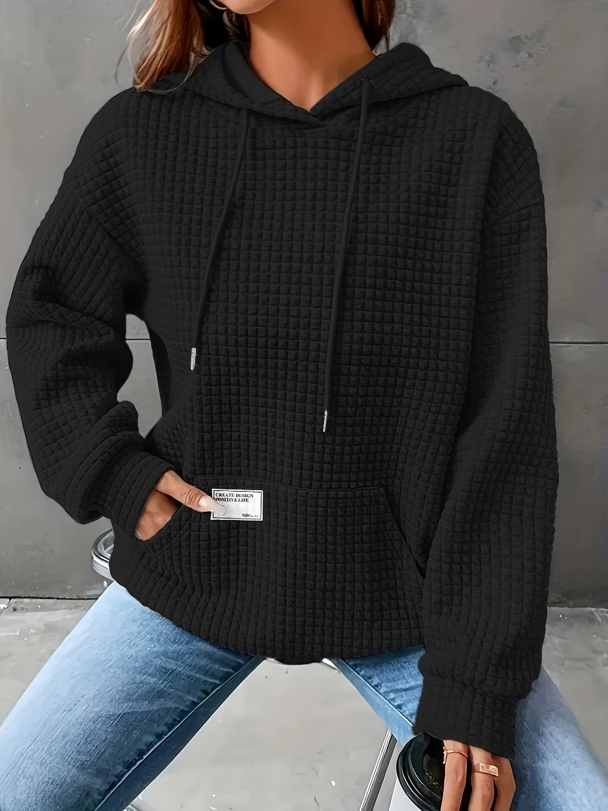 Women's Waffle Hooded Long-Sleeve Sweatshirt – Solid Color Cozy Pullover Hoodie for Autumn & Winter Casual Loungewear & Everyday Wear