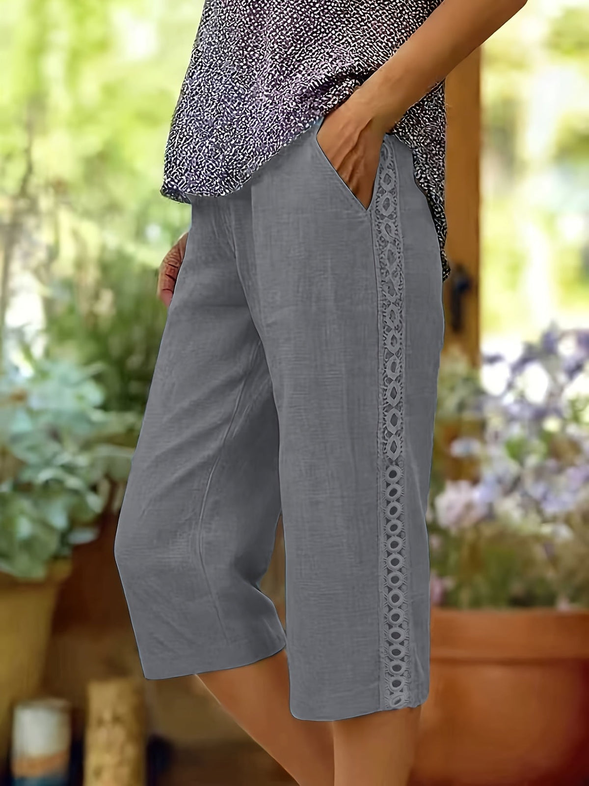 Women's Capri Pants Side Lace Elastic Waist Diagonal Pockets Casual Three Quarter Length Pants Green Black White Grey Sky Blue Khaki S-XXL