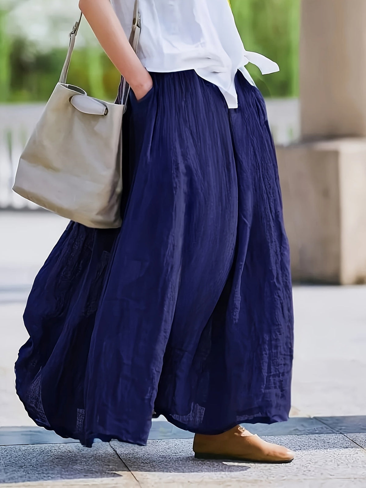 Women's Solid Color Retro Midi Skirt with Pockets Flared Hem Loose Fit Breathable 100% Polyester Spring Summer Fall Purple Burgundy Grey Blue Maroon Brown Green S M L XL XXL
