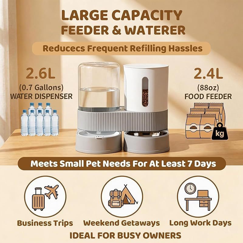 Gravity Cat Feeder 2 Pack - Automatic Food Feeder and Water Dispenser Set with Detachable Pet Bowl & Silicone Mat for Cats Small Medium Dogs Large Capacity Gravity-Fed No Electricity Needed Pet Feeding Station
