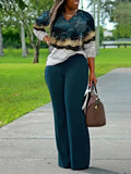 Women's All-Over Print Two-Piece Set | V-Neck Long Sleeve Top & Wide Leg Pants Matching Outfit Stretchy Knit Casual Loungewear Co-ord