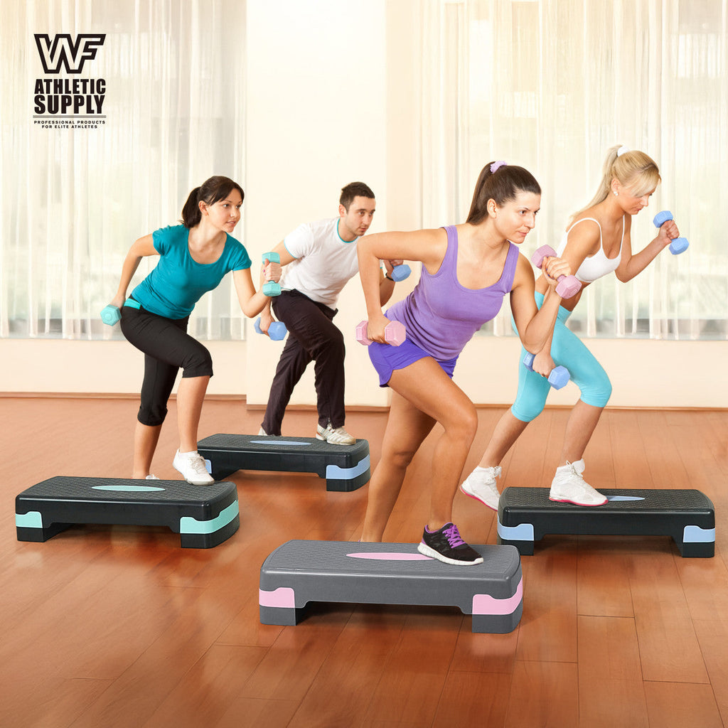 Aerobic Stepper Set with 2 Dumbbells & Measuring Tape – Adjustable Height 4"-6" Non-Slip Exercise Step Platform 550LB Capacity, Home Gym Workout Gift, Blue Green Pink