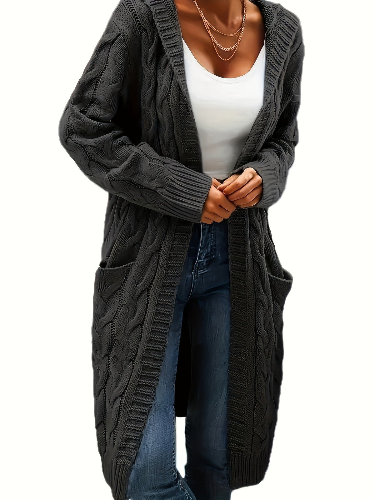 Women's Collarless Knit Cardigan – Minimalist Solid Color Polyester Casual Open Layer for Fall & Winter in 19 Colors