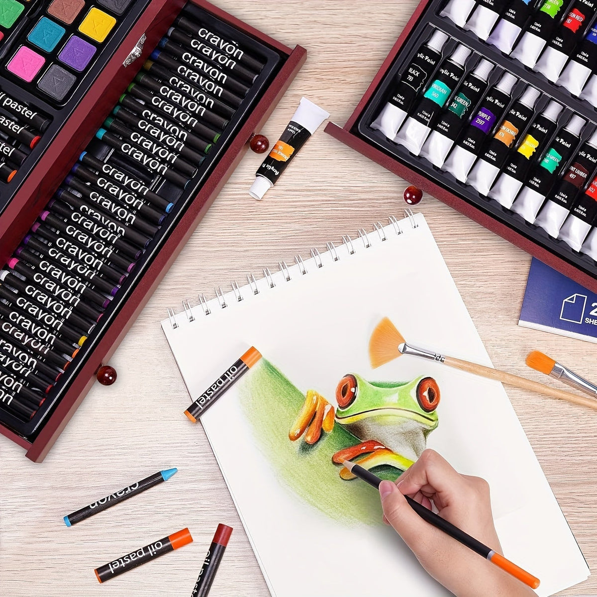 175-Piece Deluxe Art Set in Wooden Case – Professional Art Kit with 2 Drawing Pads, Crayons, Acrylic Paints & Colored Pencils, All-in-One Paint Supplies Gift for Kids & Adults, Cherry Pink Purple Blue Wood Brown