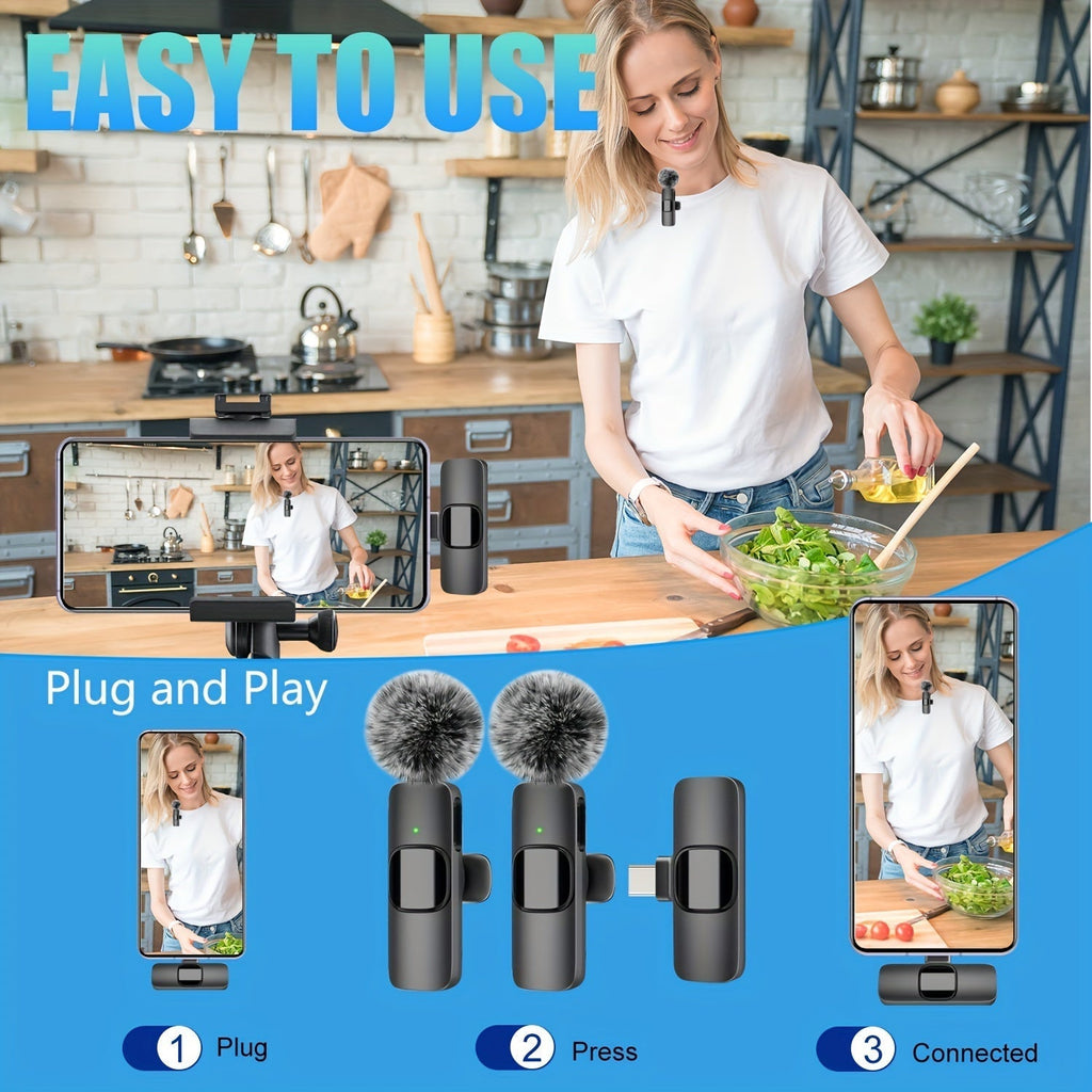 Clip-On Wireless Lavalier Microphone with 360° Omnidirectional Pickup, Noise Reduction & USB-C Rechargeable – 2-in-1 Voice Control for Streaming, Podcasts, Vlogging & Recording, Black & Pink