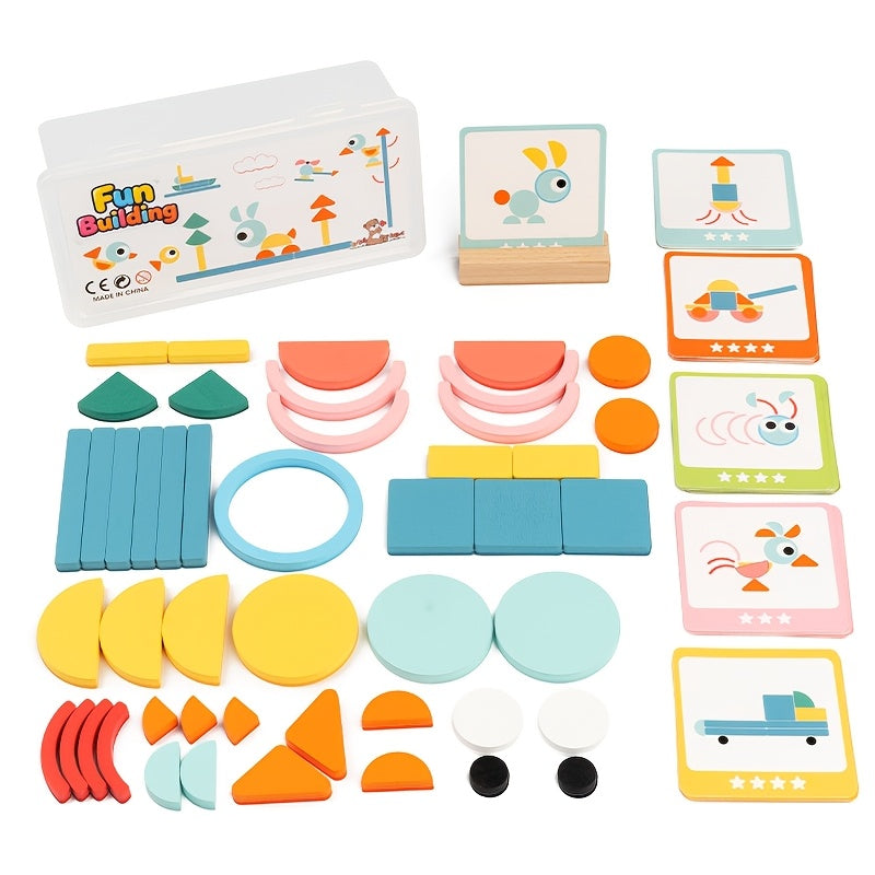 Wooden Geometric Shape Puzzle Building Blocks for Toddlers - Educational Stacking Shape Matching Cognitive Training Toy with Storage Box, Montessori Learning Gift for Boys Girls Ages 1-4, Birthday Christmas