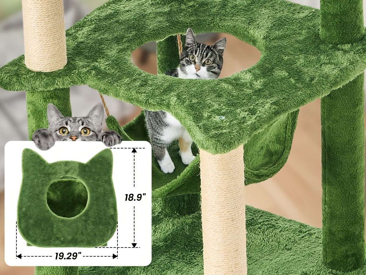 55 Inch Cat Tree for Indoor Cats with Green Leaves – Multi-Level Large Cat Tower with Hammock Sisal Scratching Posts Hanging Ball Toy Cat Furniture for Living Room Bedroom