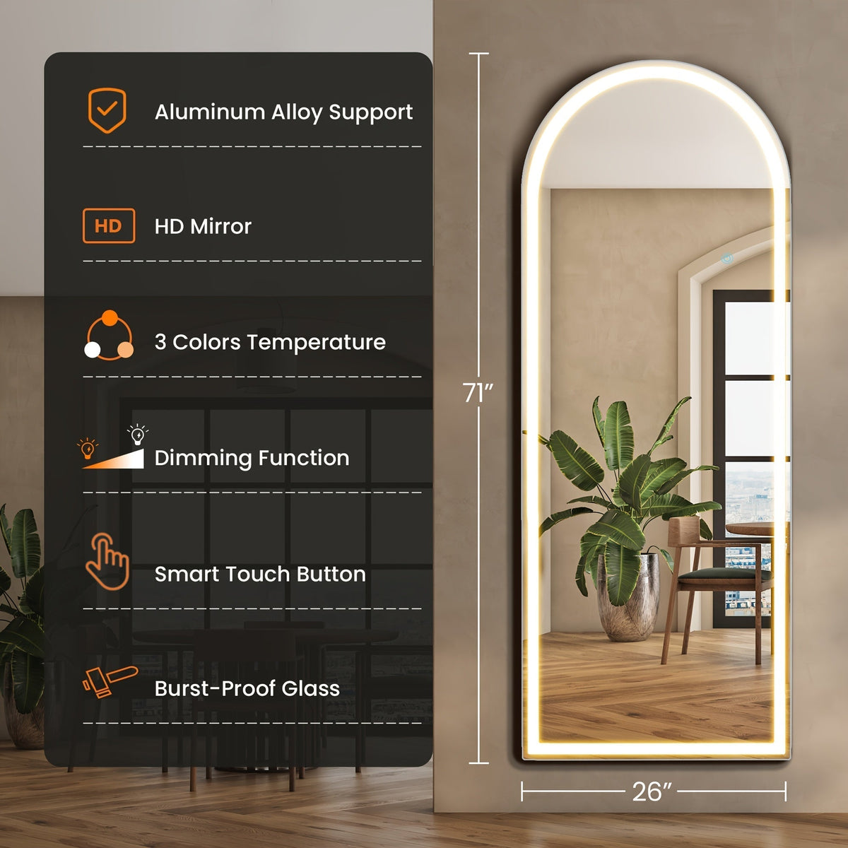 Full Length Floor Mirror with LED Lights - Arched & Rectangle Top, Aluminum Frame, 71" Standing Dressing Mirror for Bedroom & Living Room, Black Gold White, 5mm Tempered Glass