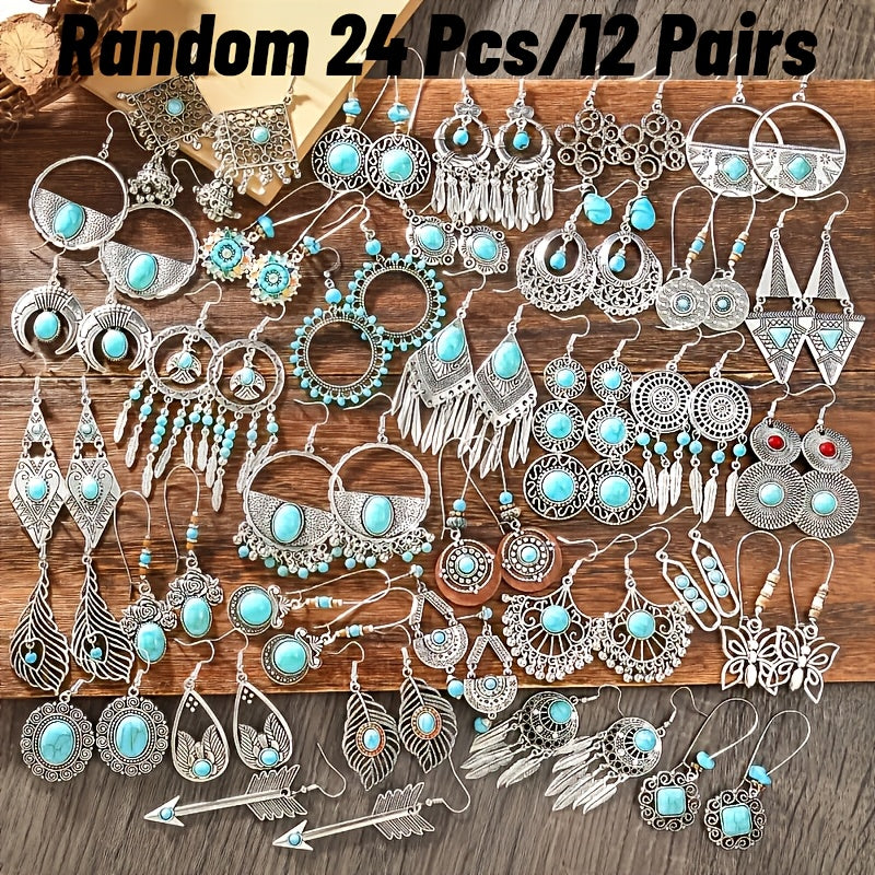 12 Pairs Boho Turquoise Drop Earrings Set for Women – Vintage Bohemian Leaf Heart Dangle Earrings, Perfect Holiday Gift for Girls & Women Daily Wear
