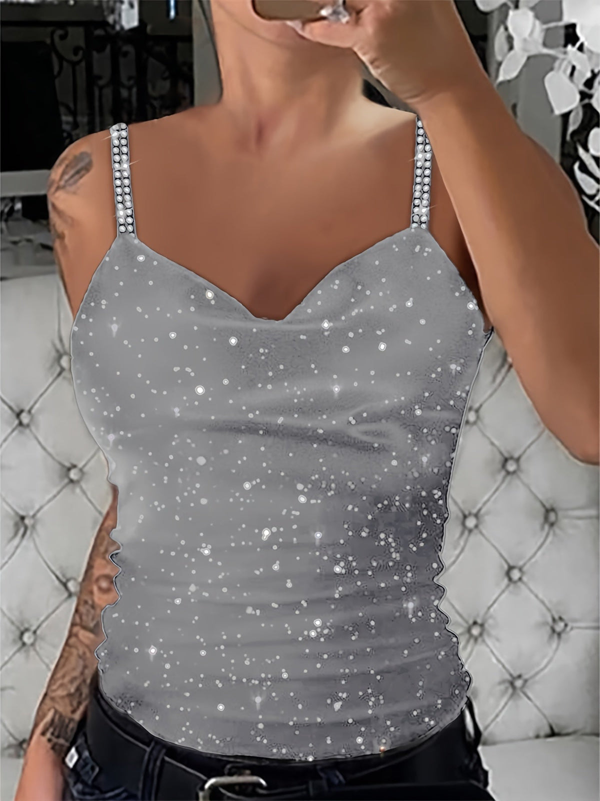 Women's Sequin Rhinestone Strap Cami Top Sexy V-Neck Sleeveless Tank Top Glam Party Night Out Going Out Tops Spring Summer Fall S M L XL XXL