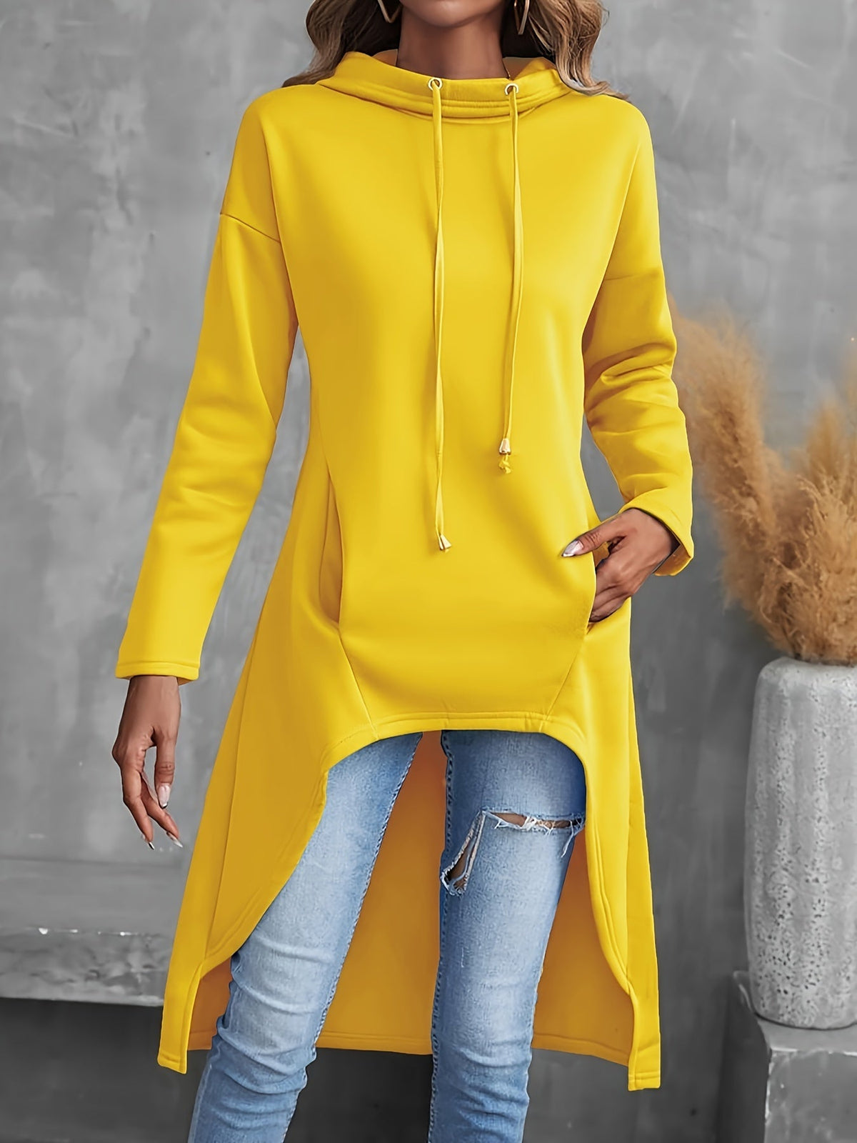 Women's Hi-Low Hem Hoodie Sweatshirt Casual Long Sleeve Drawstring Pullover Solid Color Hooded Top Red Black Blue Grey Yellow S-XXL