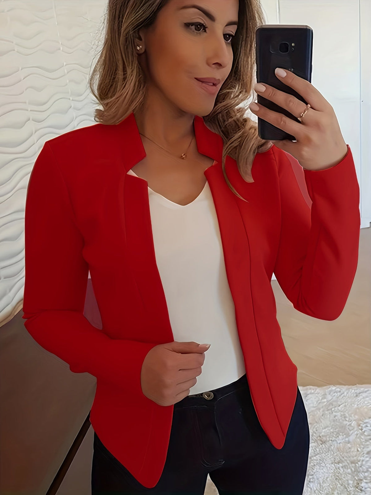 Women's Open Front Blazer Jacket – Loose Fit Notch Lapel Long Sleeve Knit Stretch Casual Chic Blazer with Chest Pocket for Work Office