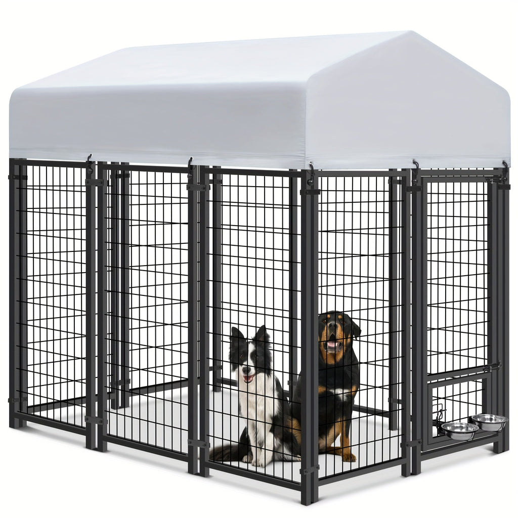 Large Dog Enclosure Outdoor Heavy Duty Welded Wire Steel Dog Playpen with UV-Resistant Roof Cover, Secure Lock Pet Pen Fence for Big Dogs Outside Exercise Play Area