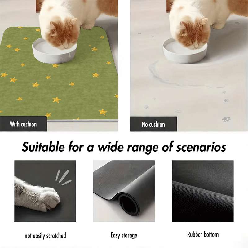 Non-Slip Pet Feeding Mat Green & Gold Stars - Leak-Proof Machine Washable Dog Cat Bowl Mat - Cute Waterproof Food Mat for All Breeds - Easy Clean Stain-Proof Pet Placemat for Indoor Outdoor Use