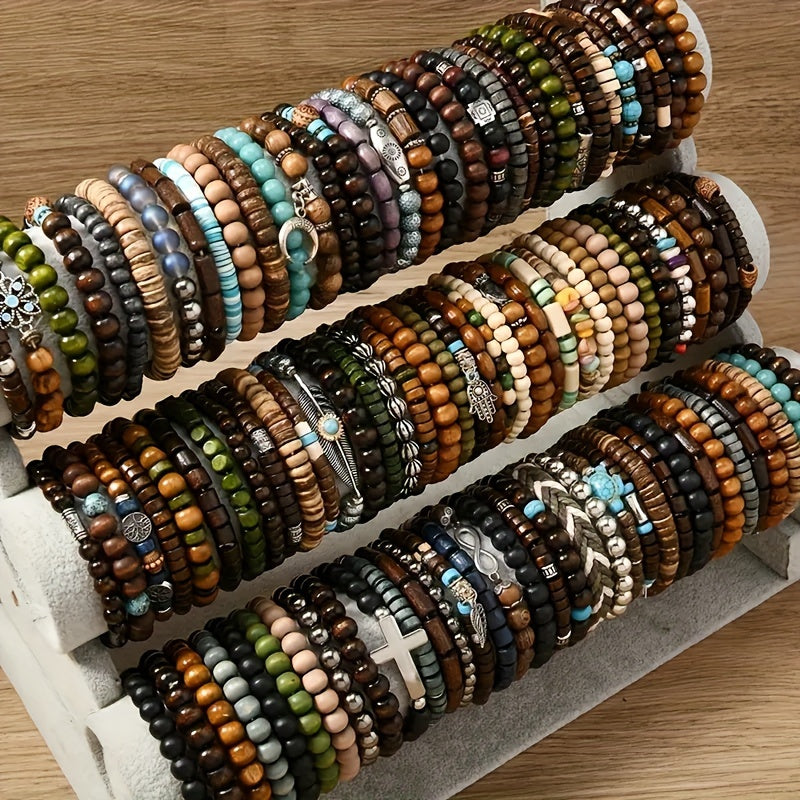 36-Pack Assorted Boho Wooden Beaded Bracelets for Women & Men – Handmade Vintage Style with Zinc Alloy Charms, Bulk Jewelry Set for Gifts & Party Favors
