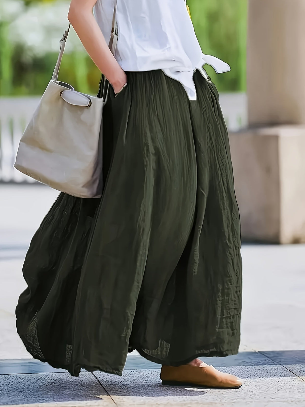 Women's Solid Color Retro Midi Skirt with Pockets Flared Hem Loose Fit Breathable 100% Polyester Spring Summer Fall Purple Burgundy Grey Blue Maroon Brown Green S M L XL XXL