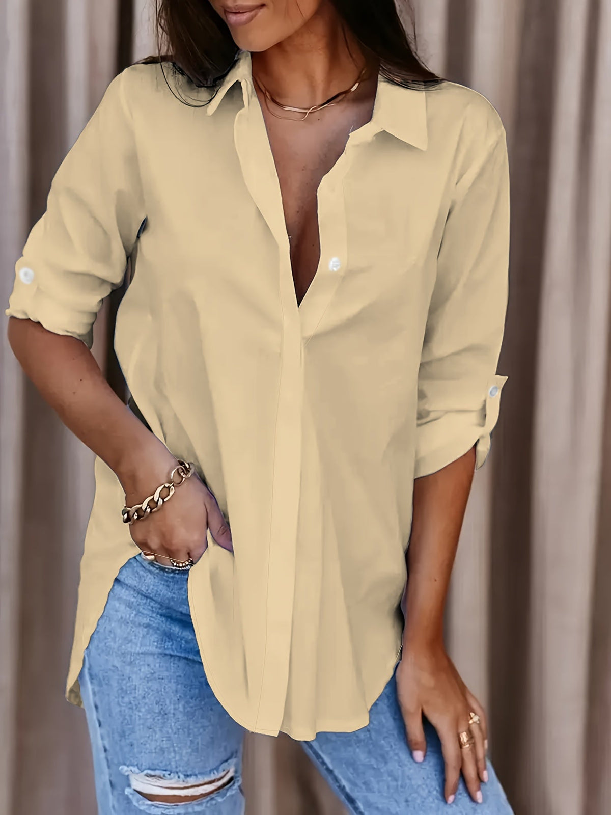 Women's Button Down Shirt Long Sleeve Collared V-Neck Solid Color Casual Blouse Top for Women