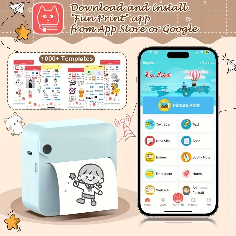 Portable Wireless Bluetooth Thermal Printer Mini Pocket Printer Ink-Free for Smartphones Photos Notes Stickers Diaries Memos Includes Thermal Paper Roll