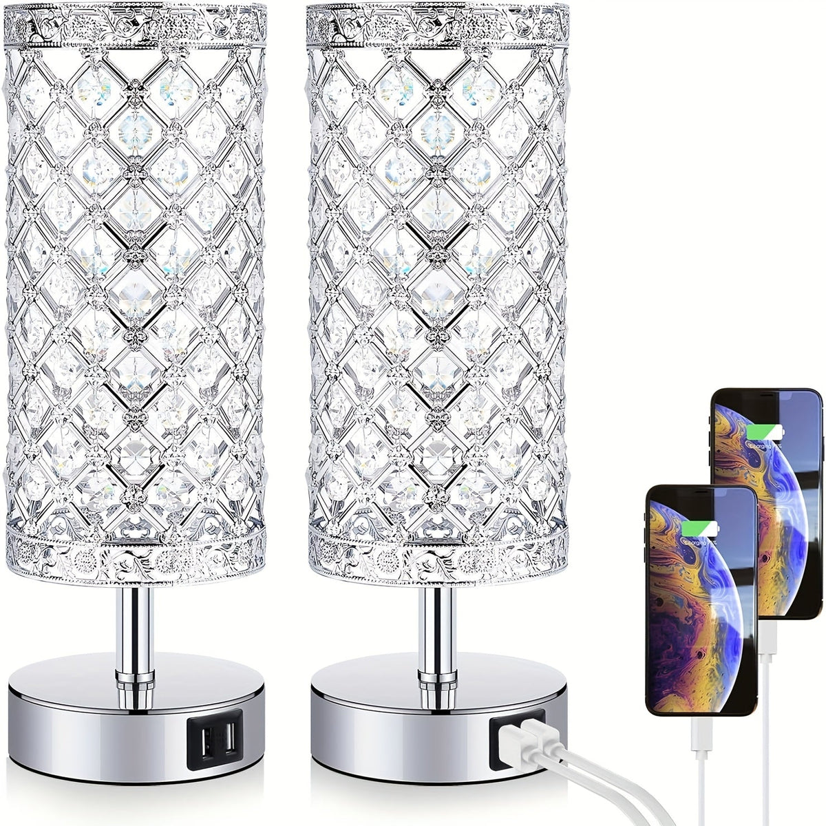 Crystal Touch Table Lamp 3-Way Dimmable with 2 USB Charging Ports LED Bulb Included Decorative Bedside Nightstand Light for Bedroom Living Room Office – Antique Bronze Rose Gold Silver