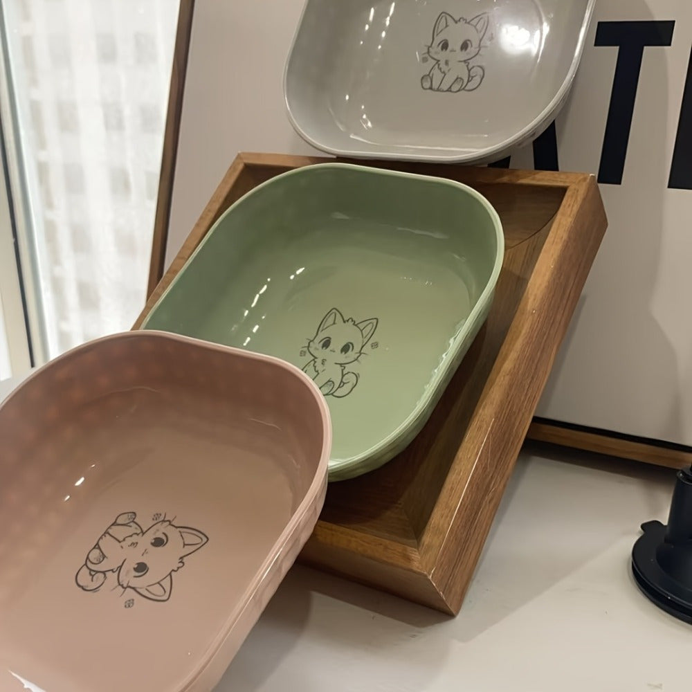 Cat Bowl Set 3 Pack - Non-Spill Shallow Wide Cat Food Bowls, Anti-Fatigue Whisker-Friendly Design, Engraved Kitten Pattern, Pet-Safe Durable Dishes for Indoor Cats, Healthy Ergonomic Feeding Bowls