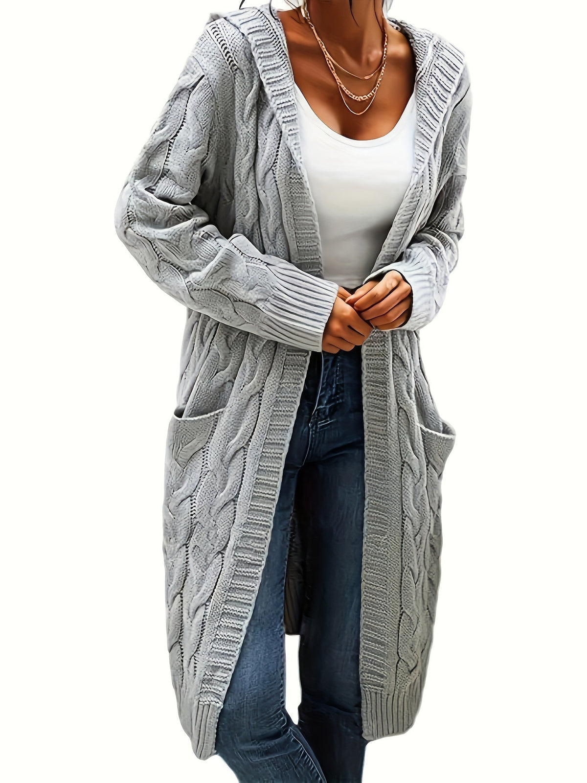 Women's Solid Color Knit Cardigan Sweater – Soft Stretch Polyester Open Front Layering Jacket for Fall Winter
