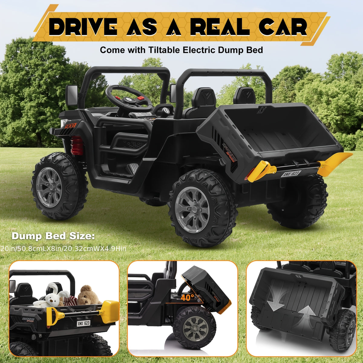 24V Kids Ride-On Dump Truck with Motorized Lifting Bed, Detachable Trailer & Bluetooth Music – Electric Quad Vehicle for Boys & Girls Ages 3-8, Forward/Reverse, Wear-Resistant Wheels
