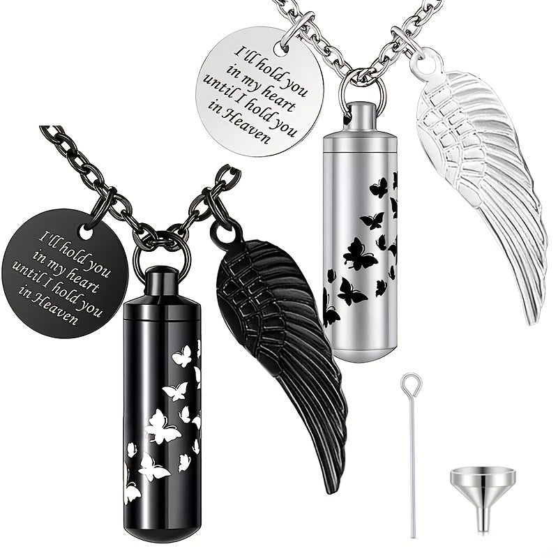 Cylinder Urn Necklace for Ashes - Stainless Steel Butterfly & Angel Wing Memorial Keepsake Pendant for Pet & Human Loss, Cremation Jewelry for Women Men & Loved Ones (Silvery)