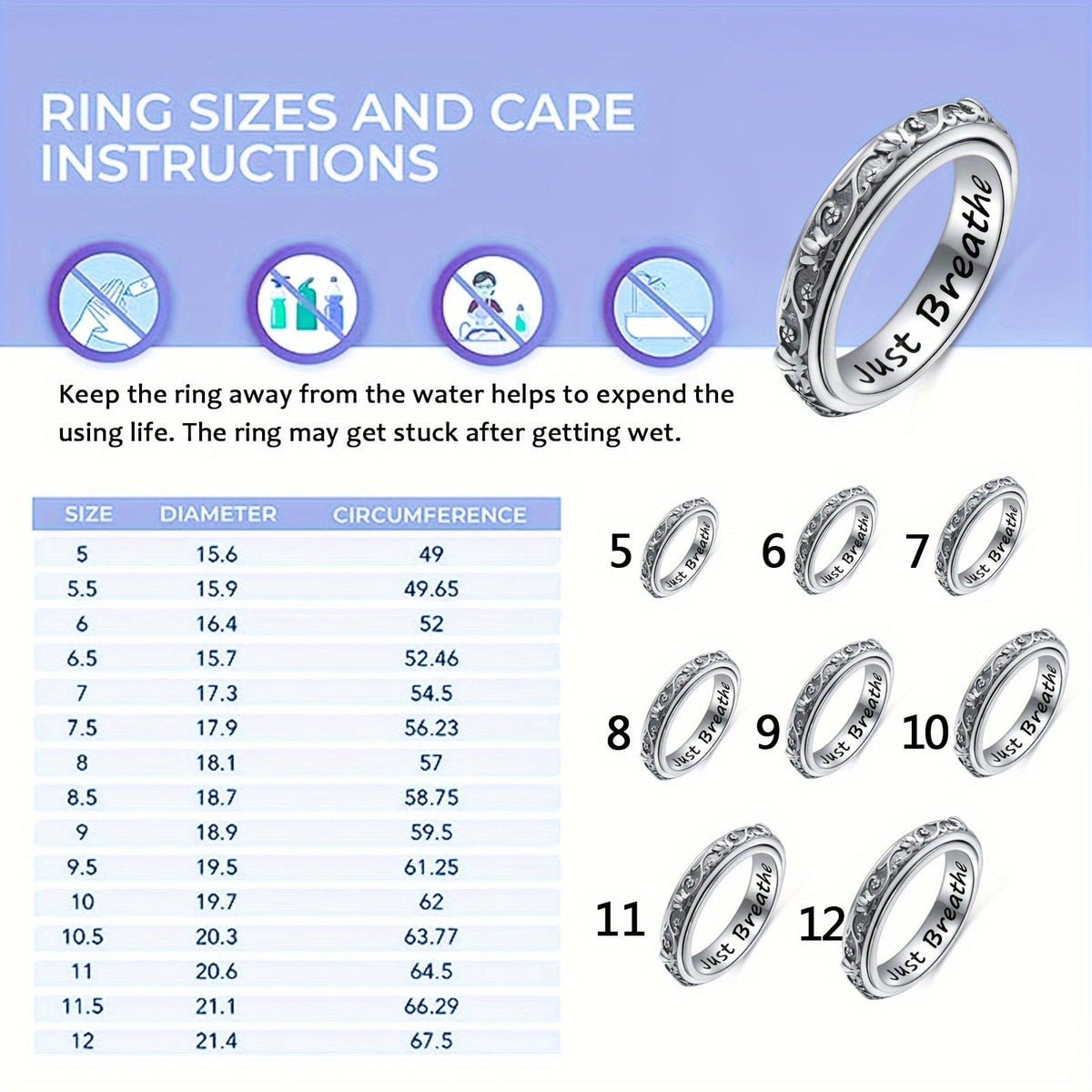 S925 Sterling Silver Lotus Flower Spinner Anxiety Ring – Just Breathe Oxidized Fidget Band for Stress Relief ADHD Autism Yoga, Unisex Worry Ring Sizes 8-12 Gift for Women Men