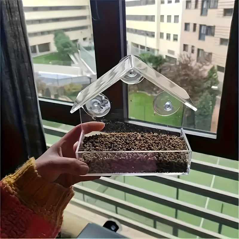 Clear Acrylic Bird Feeder with Strong Suction Cups for Windows - Durable PP Material All Season Indoor Outdoor Hanging Seed Dispenser for Wild Bird Watching Gift