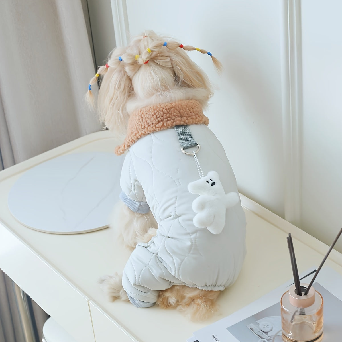 Pet Bodysuit Warm Onesie with Teddy Bear Pendant - Thickened Cat Dog Winter Jumpsuit, Snap Button Easy-On Design, Leash Loop Attached, Indoor Warm Pet Clothes for Cats & Small Dogs