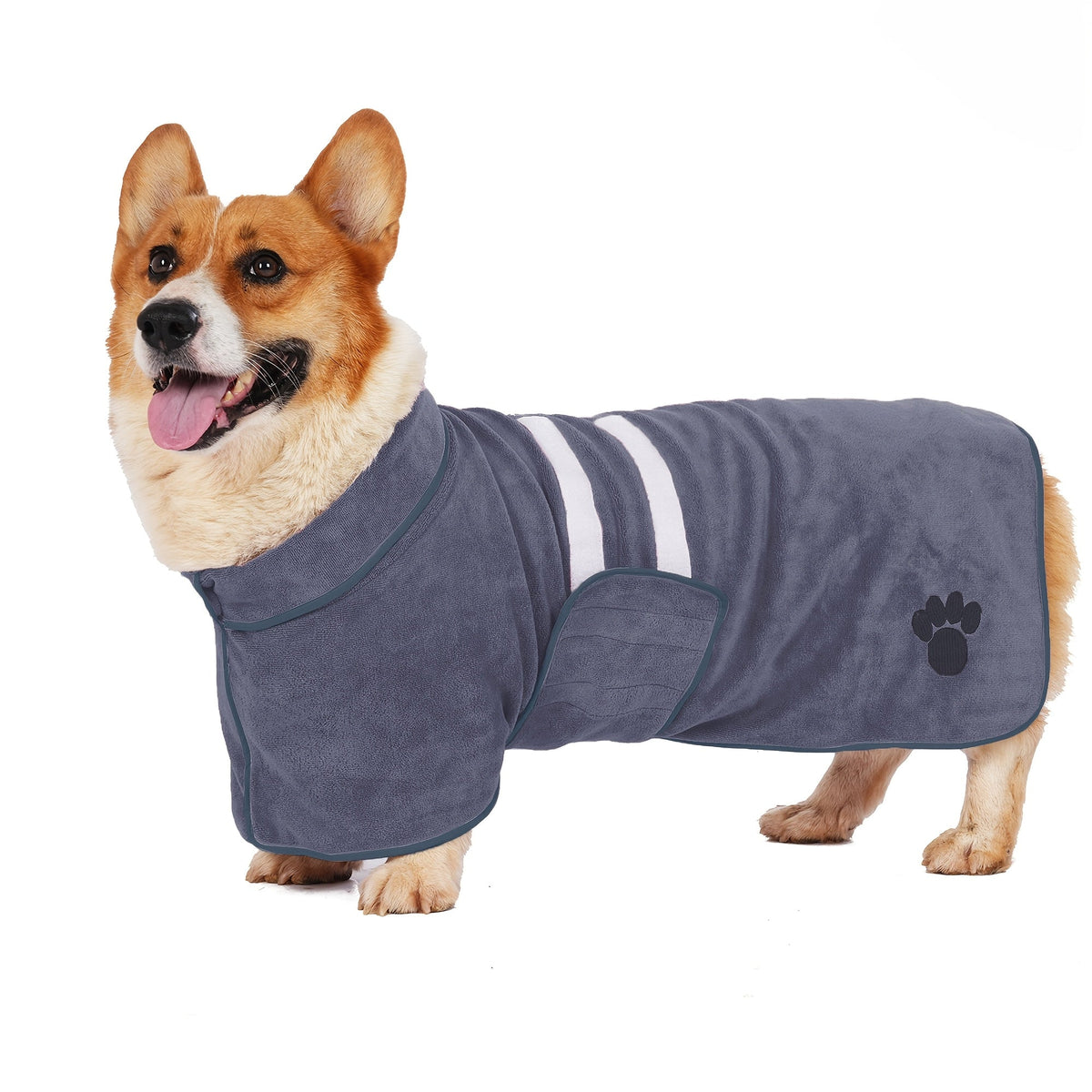 Quick-Drying Dog Bathrobe with Paw Print Embroidery – Super Absorbent Pet Towel Robe with Adjustable Belly Band, Ultra-Soft Microfiber, Sizes XS–3XL, 5 Colors for Dogs After Bath & Grooming