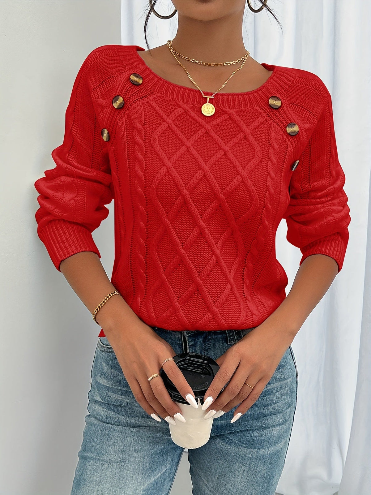 Women's Round Neck Lantern Sleeve Sweater Textured Button Knit Pullover Top for Fall Winter S M L XL XXL Multiple Colors