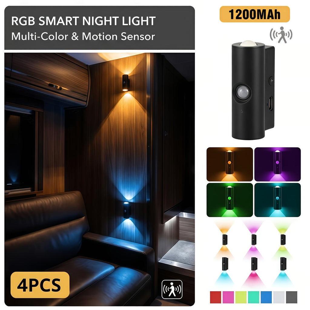 Motion Sensor Wall Lights 4-Pack – Rechargeable Wireless Magnetic LED Night Light, Dual Head, RGB 3 Colors, for Bedroom, Stairs, Cabinet, Closet & RV Interior | Velora