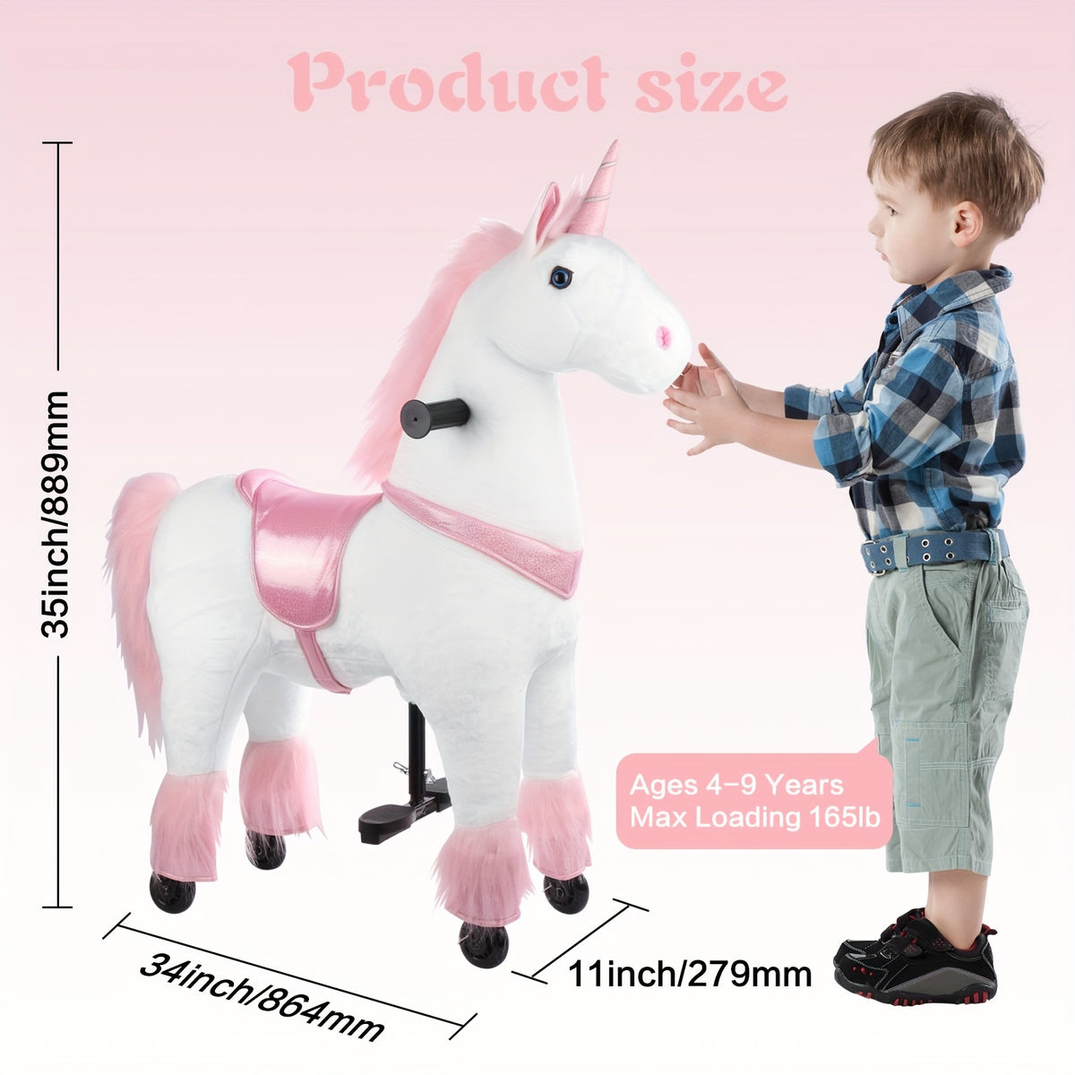 Kids Ride On Unicorn Horse Toy with Wheels, Plush Walking Animal, No Battery Required, Sizes S and M for Ages 3 to 9, Pink Unicorn, White Unicorn, Birthday Christmas Gift for Boys Girls