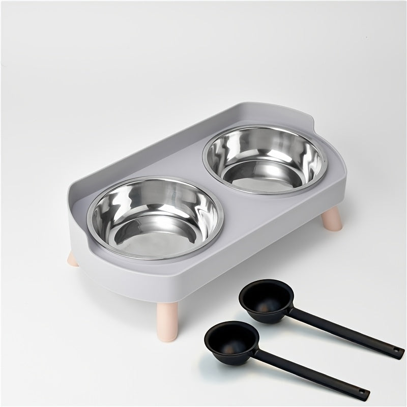 2-in-1 Cat Feeder and Water Dispenser with Stainless Steel Dual Bowl - Non-Slip Easy-Clean Pet Food & Water Station with Cute Cat Design, Healthy Hydration & Feeding Set for Cats & Small Dogs, Multiple Color Options