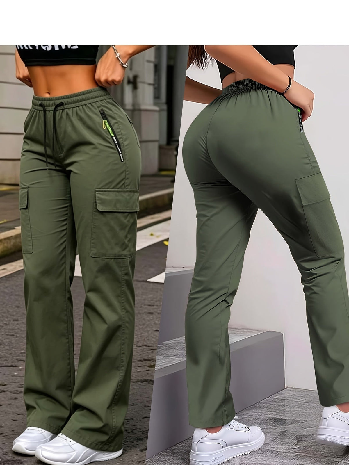 Women's Multi-Pocket Cargo Pants – Neon Green Zipper Accents, Drawstring Waist, Full-Length Outdoor Travel Trousers, 4 Colors, Sizes XS-XXL, Spring Fall Casual Streetwear