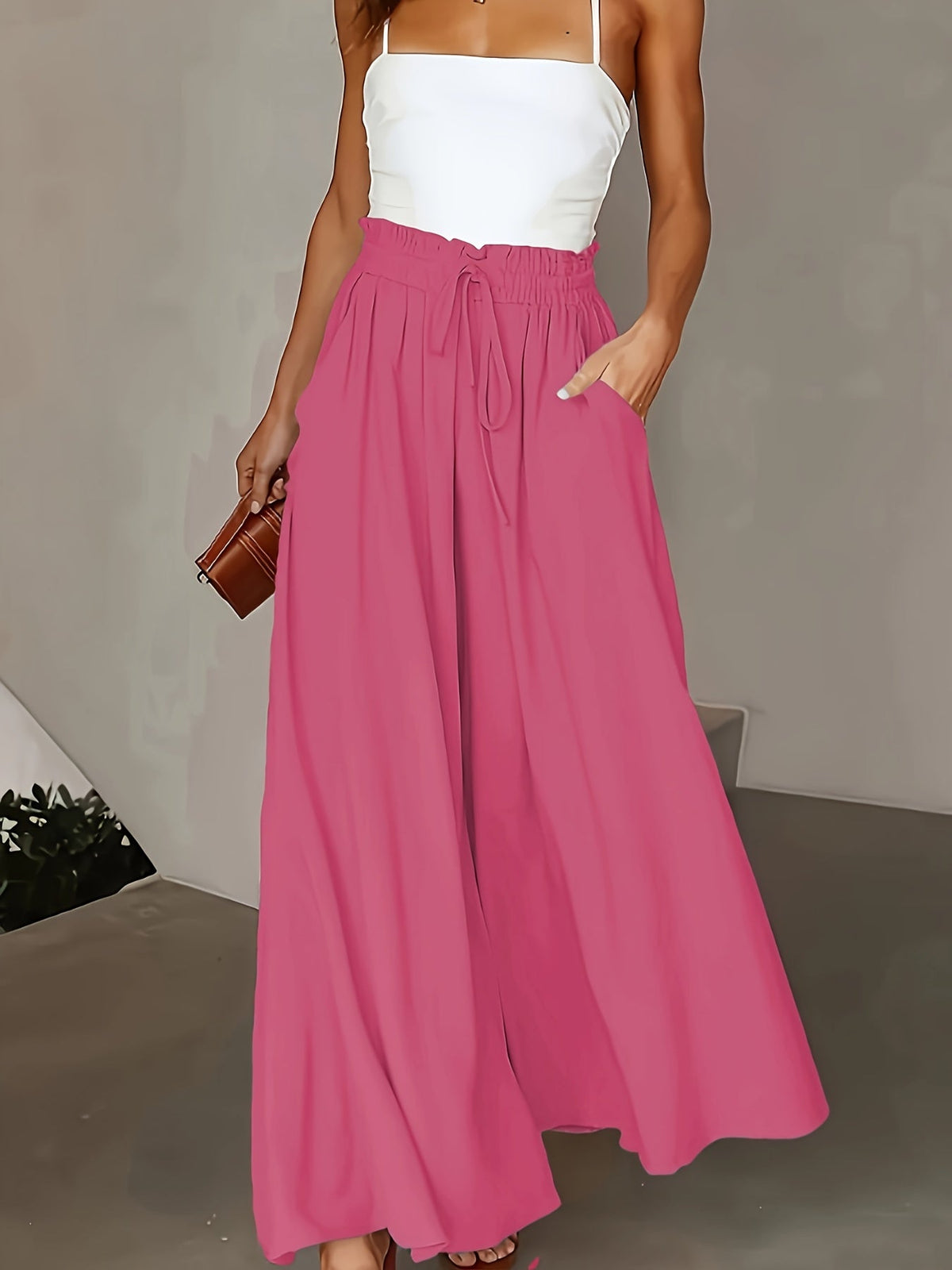 Women's High-Waist Wide-Leg Pants – Elegant Loose Fit Solid Color Flowy Trousers with Pockets for Spring Summer Office Casual