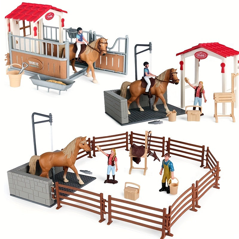Deluxe Farm Ranch Playset with Stable & Horses – PVC Horseback Riding Scene with Rider, Horses, Fence & Cowboy Accessories | Kids Pretend Play Toy for Boys & Girls | Christmas Birthday Gift