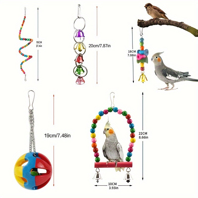 Parrot Toy Combo Set - Bird Cage Swing Perch Rod & Chewing Toys Bundle for Parrots Parakeets Cockatiels Budgies Lovebirds - Bird Cage Enrichment Accessories Assorted Colors