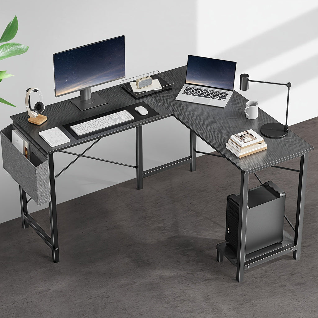 L Shaped Computer Desk with Storage Bag & Shelves – Reversible Corner Office Table, PC Laptop Workstation for Home Office, Study Room, Space-Saving Writing Desk