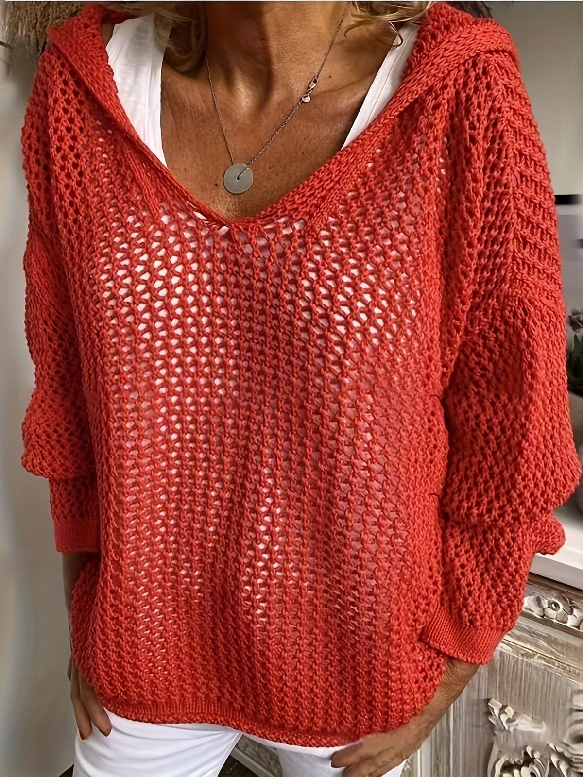 Women's Western Style Loose Hollow Out Sweater Hoodie Top - Crochet Knit Pullover Open Knit Casual Boho Shirt Yellow Green Khaki Red Grey S M L XL XXL Spring Fall