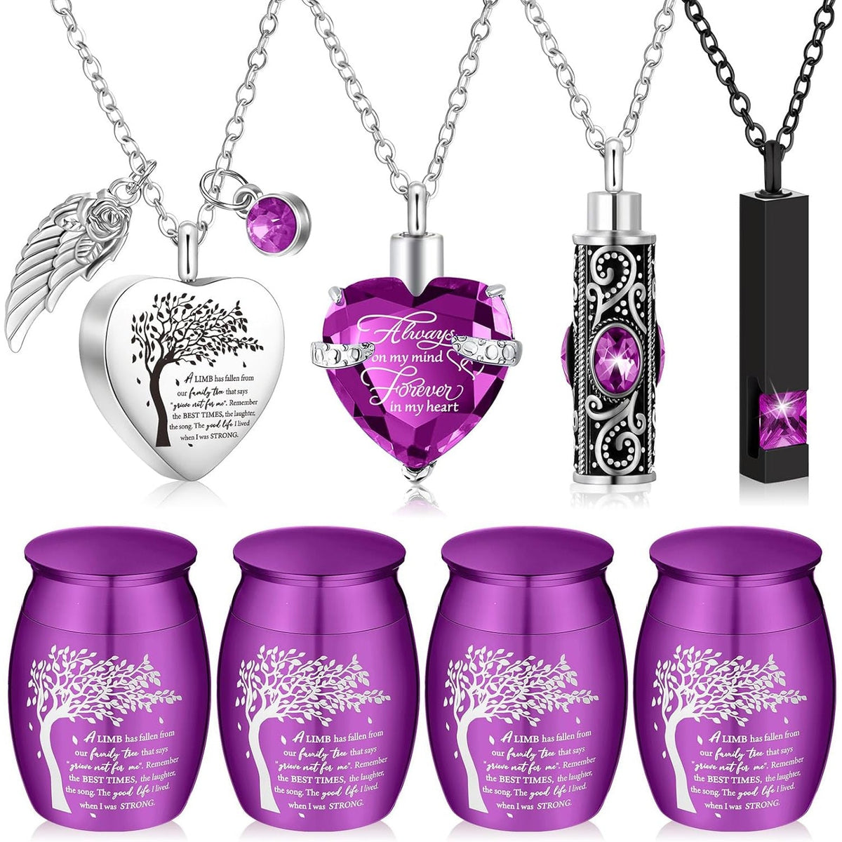 8-Piece Small Cremation Urns for Ashes – Alloy Keepsake Ash Holder Set with Family Tree Memorial Heart Locket Pendant for Adults Men & Women, Burial & Cremation Remembrance Gift, 8 Colors