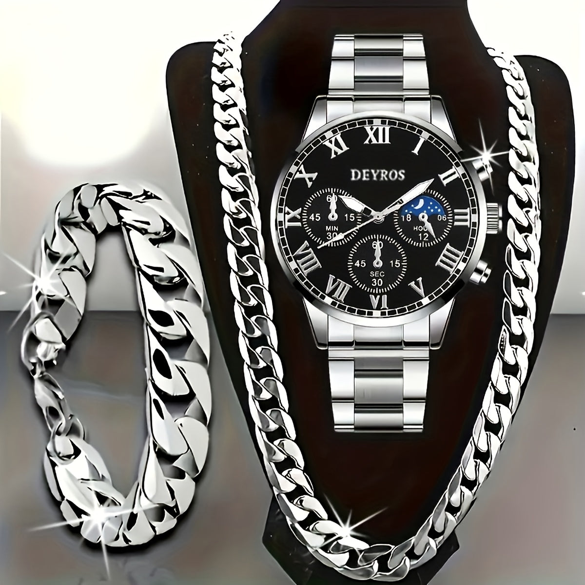 Men's Stainless Steel Chronograph Quartz Watch Set with Necklace & Bracelet – 3-Piece Business Analog World Time Jewelry Gift Set for Professional Formal Events