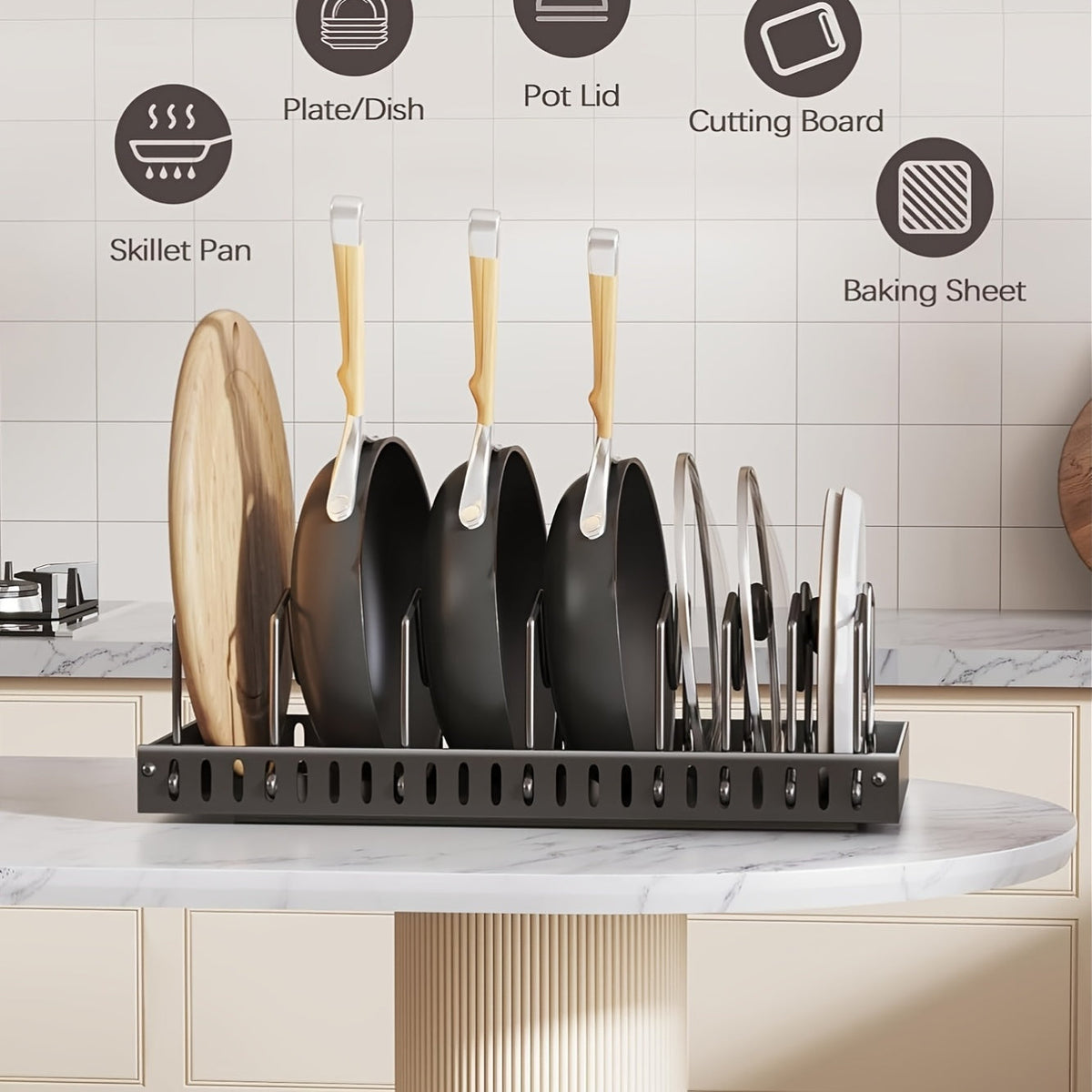 Pull-Out Pot and Pan Organizer for Kitchen Cabinets – Sliding Lid Rack & Pan Holder with 8/16 Adjustable Dividers for Storing Lids, Baking Tools & Plates, Cabinet Storage Box, Black or White