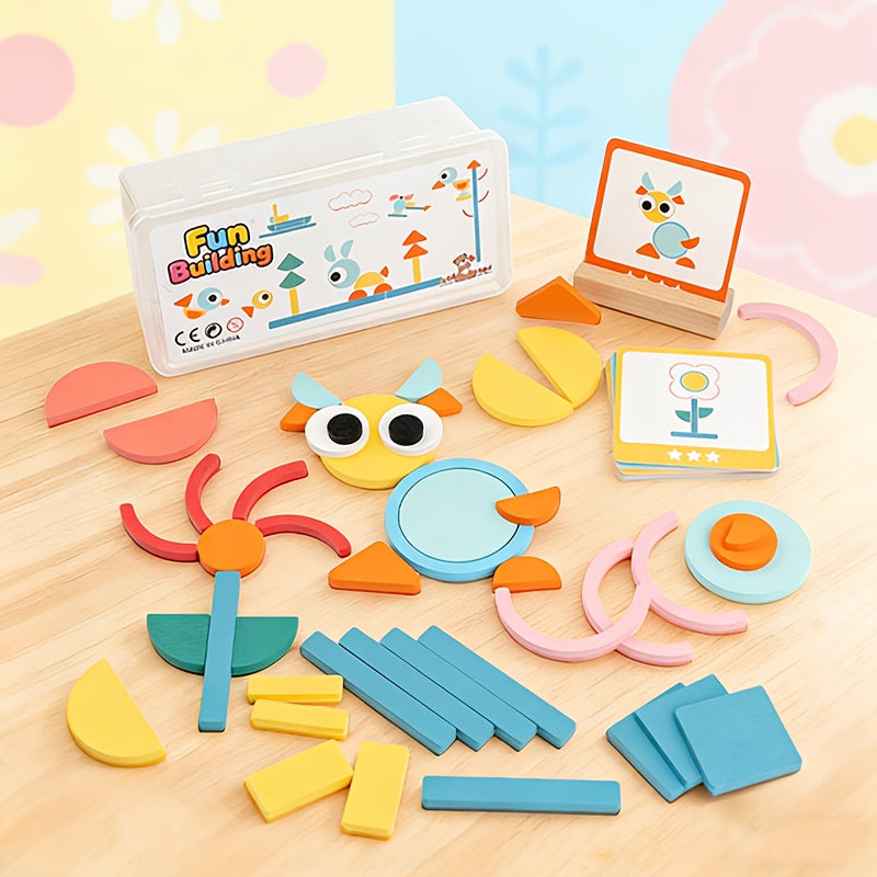 Wooden Geometric Shape Puzzle Building Blocks for Toddlers - Educational Stacking Shape Matching Cognitive Training Toy with Storage Box, Montessori Learning Gift for Boys Girls Ages 1-4, Birthday Christmas