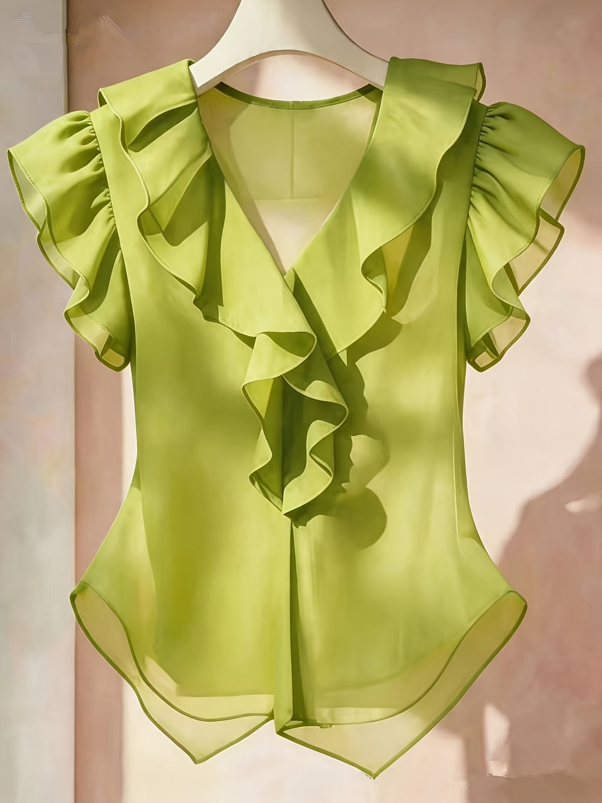 Women's French Ruffle Short Sleeve Chiffon Top – Solid Color Flyaway Casual Summer Blouse in 21 Colors, 100% Polyester Woven