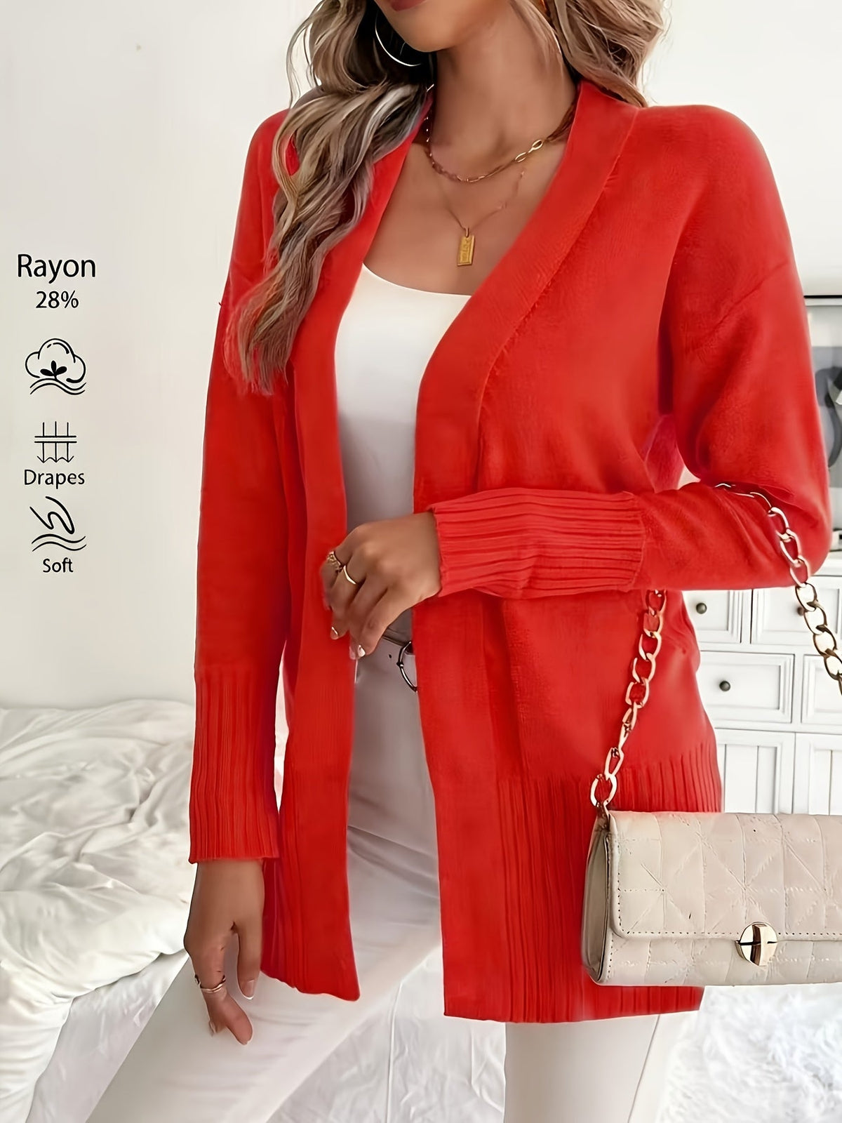Women's V-Neck Drop Shoulder Long Cardigan Sweater – Loose Fit Soft Knit in 16 Colors for Autumn & Winter, 46% Acrylic 28% Viscose 26% Nylon